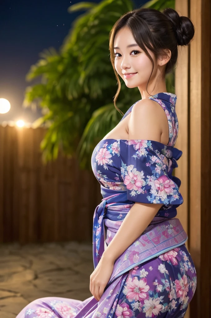 ((Best quality, 8k, Masterpiece :1.3)), 1girl, festival, round face, Pretty woman,Huge breasts,Bun Hair,Moonlight,Half Smile,yukata,Ultra-detailed face,Leaning Forward, cute eyes, Double eyelid