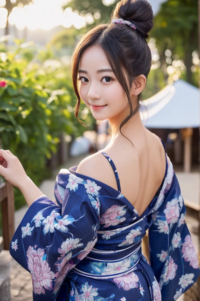 ((Best quality, 8k, Masterpiece :1.3)), 1girl, festival, round face, Pretty woman,Huge breasts,Bun Hair,Moonlight,Half Smile,yukata,Ultra-detailed face,Leaning Forward, cute eyes, Double eyelid