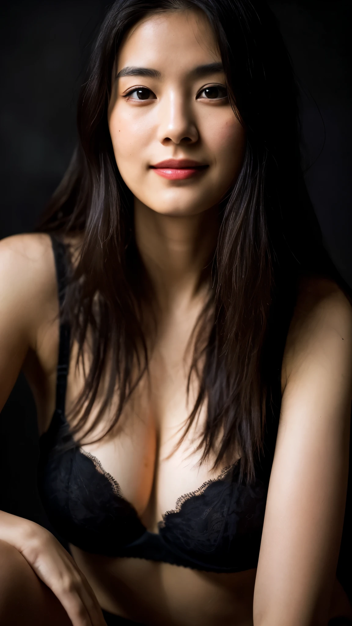 highest quality, epic realistic, ((in the pitch black darkness :1.4)), ((portrait:1.5)),(background: dark ) high contrast ,glorious picture, lowest lux, lighting face, she's comfortable, wearing lingerie, looks incredible, (8k, Raw photo, Highest quality),(epic realistic:1.5), a woman, face,(detailed eyes:0.8),(looking at the camera:1.4), (Highest quality), ( high contrast, deep shadows),Intricate details,cinematic,((skin:1.4)), (long dark hair:1.3), long hair, messy ,(Hdr:1.5),Detailed, colors, Superior quality, Masterpiece, Raw Photo (20-year-old, looking at viewer), beautiful, (wearing underwear,), perfect, natural, perfect composition, portrait, perfect face, smiling expression, Captivating eyes, Bright details, Tight lips, (High Skin Detail),, (blue tint: 0.6), (sale: 0.8), (bloody: 0.7), Key lighting , (backlight: 0.5), Medium depth of field, Canon 5d, 50mm lens, f/4 apertures, (Ultra-detailed, Complex detail), sharp focus, soft colors, 8k, Absurd, 80mm, dark background, photography, smiling, medium ,