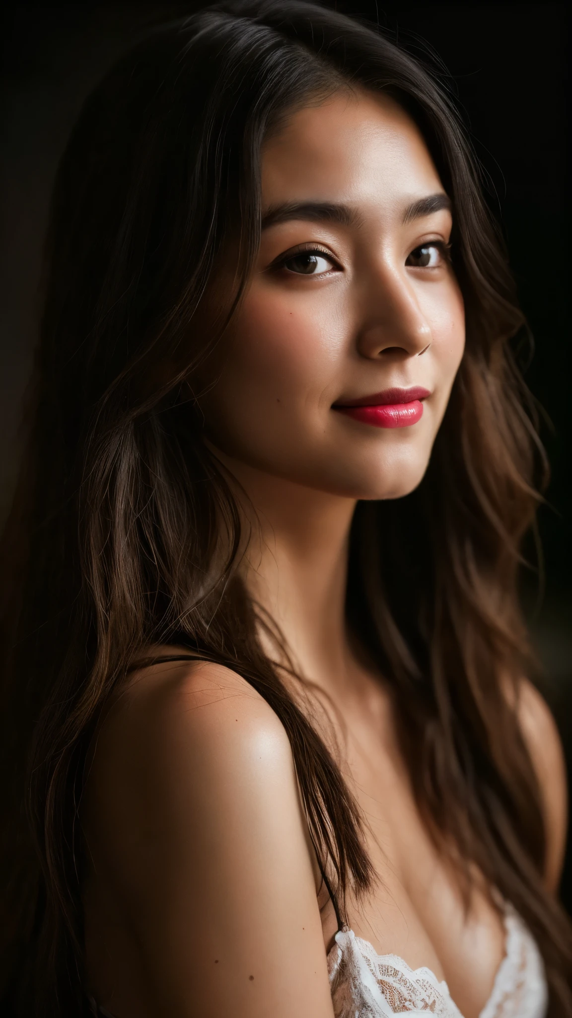 highest quality, epic realistic, ((in the pitch black darkness :1.4)), ((portrait:1.5)),(background: dark ) high contrast ,glorious picture, lowest lux, lighting face, she's comfortable, wearing lingerie, looks incredible, (8k, Raw photo, Highest quality),(epic realistic:1.5), a woman, face,(detailed eyes:0.8),(looking at the camera:1.4), (Highest quality), ( high contrast, deep shadows),Intricate details,cinematic,((skin:1.4)), (long dark hair:1.3), long hair, messy ,(Hdr:1.5),Detailed, colors, Superior quality, Masterpiece, Raw Photo (20-year-old, looking at viewer), beautiful, (wearing underwear,), perfect, natural, perfect composition, portrait, perfect face, smiling expression, Captivating eyes, Bright details, Tight lips, (High Skin Detail),, (blue tint: 0.6), (sale: 0.8), (bloody: 0.7), Key lighting , (backlight: 0.5), Medium depth of field, Canon 5d, 50mm lens, f/4 apertures, (Ultra-detailed, Complex detail), sharp focus, soft colors, 8k, Absurd, 80mm, dark background, photography, smiling, medium ,