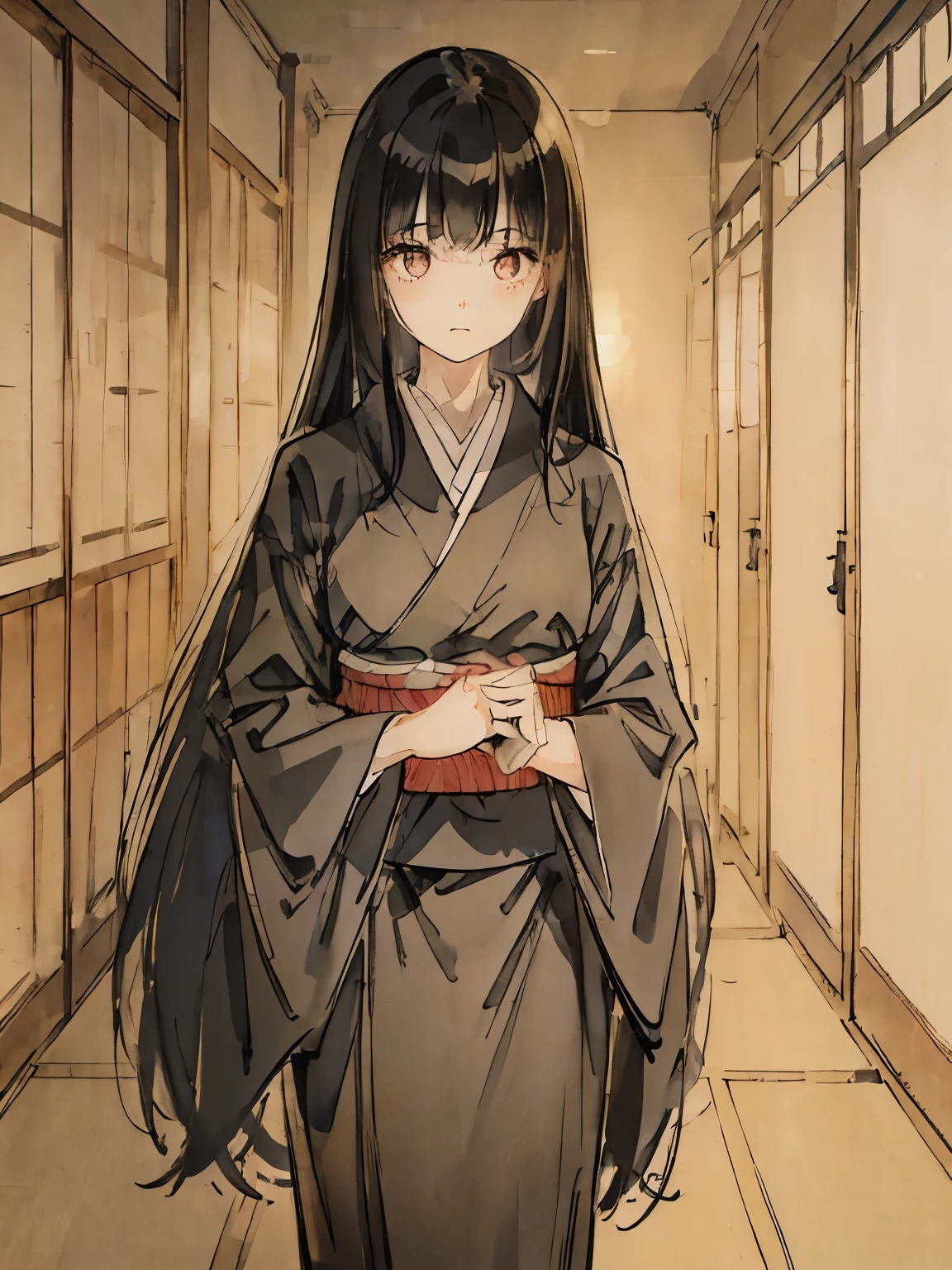 A girl wearing a Japanese doll-style kimono standing in a dark hallway、long black hair、bangs bangs、thick eyebrows、stand straight and look at me、horror movie lighting、Close-up、mysterious atmosphere、Creepy