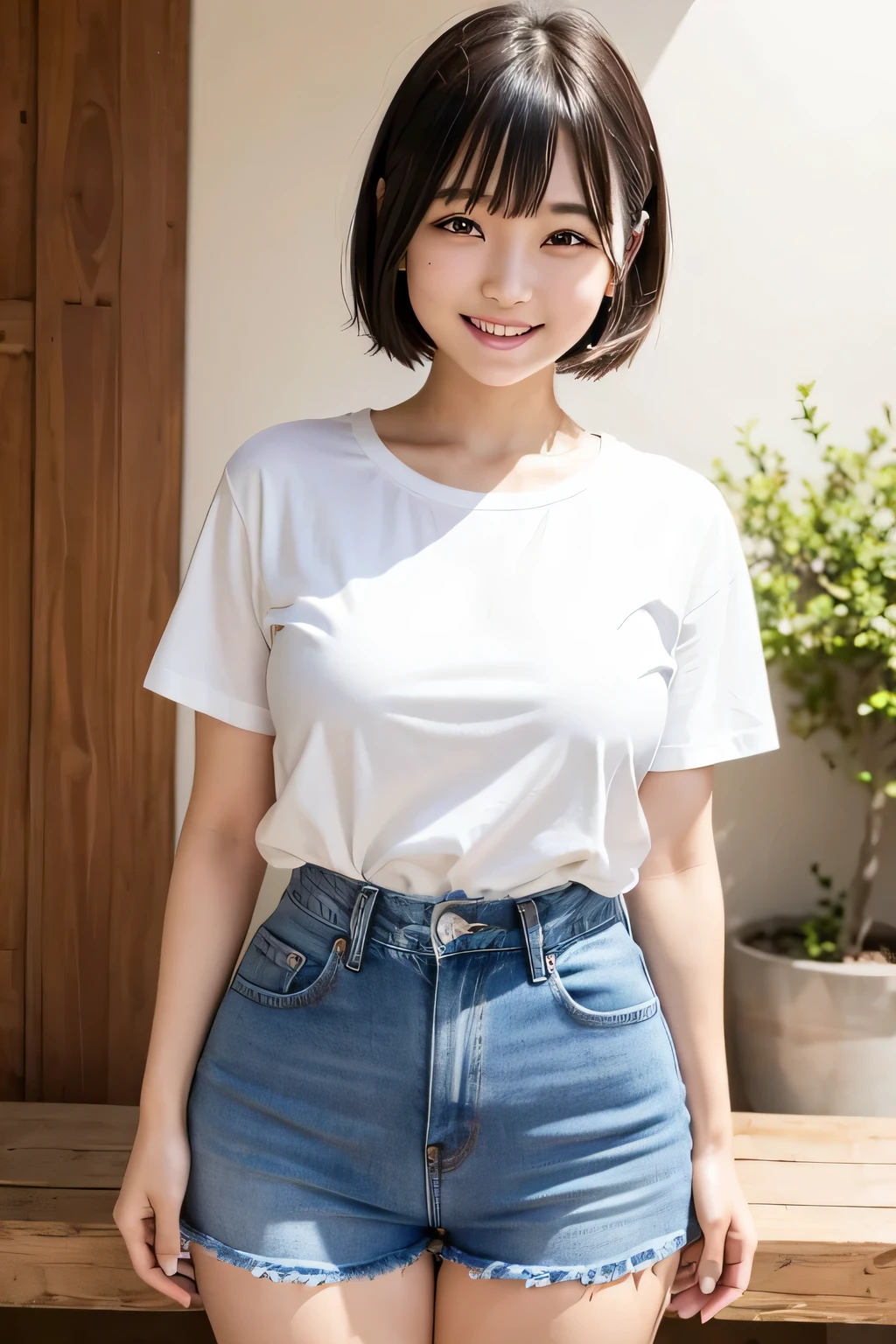 (narrow eyes:1.1), frontal shot , From the middle , (black eye), (japanese woman), 1 girl, (small eyes), very beautiful girl, beautiful breasts:1.5, (highly detailed eyes:1.2), (beautiful breasts:1.1), short hair, bangs, (thick legs, huge hips, thick thighs), perfect skin, Fair skin, (white teeth), tight waist, light blush, alone, looking at the viewer, (laughter:1.2), smile, (White Round Neck T-Shirt), ( blue jeans)