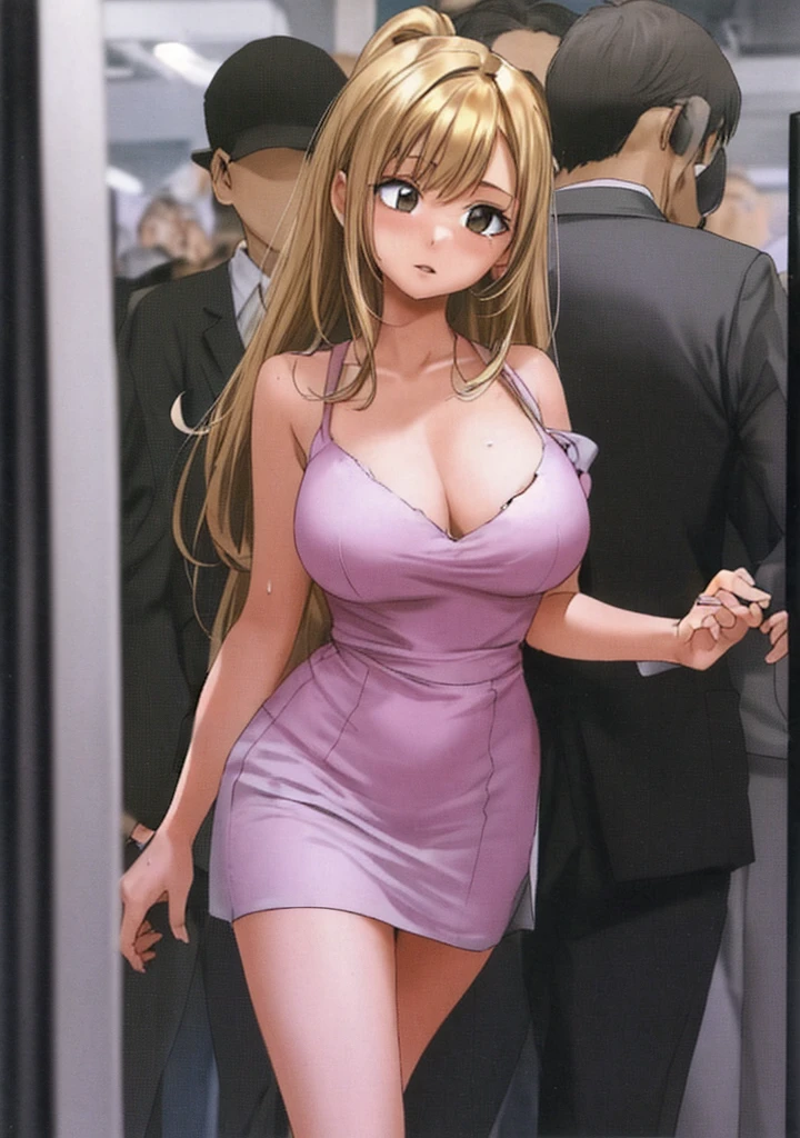 A beautiful woman with long walnut-colored hair, big breasts, and beautiful legs is standing in a crowded train with middle-aged men in suits, wearing a pale pink dress that shows her shoulders and a slightly dark white miniskirt.。