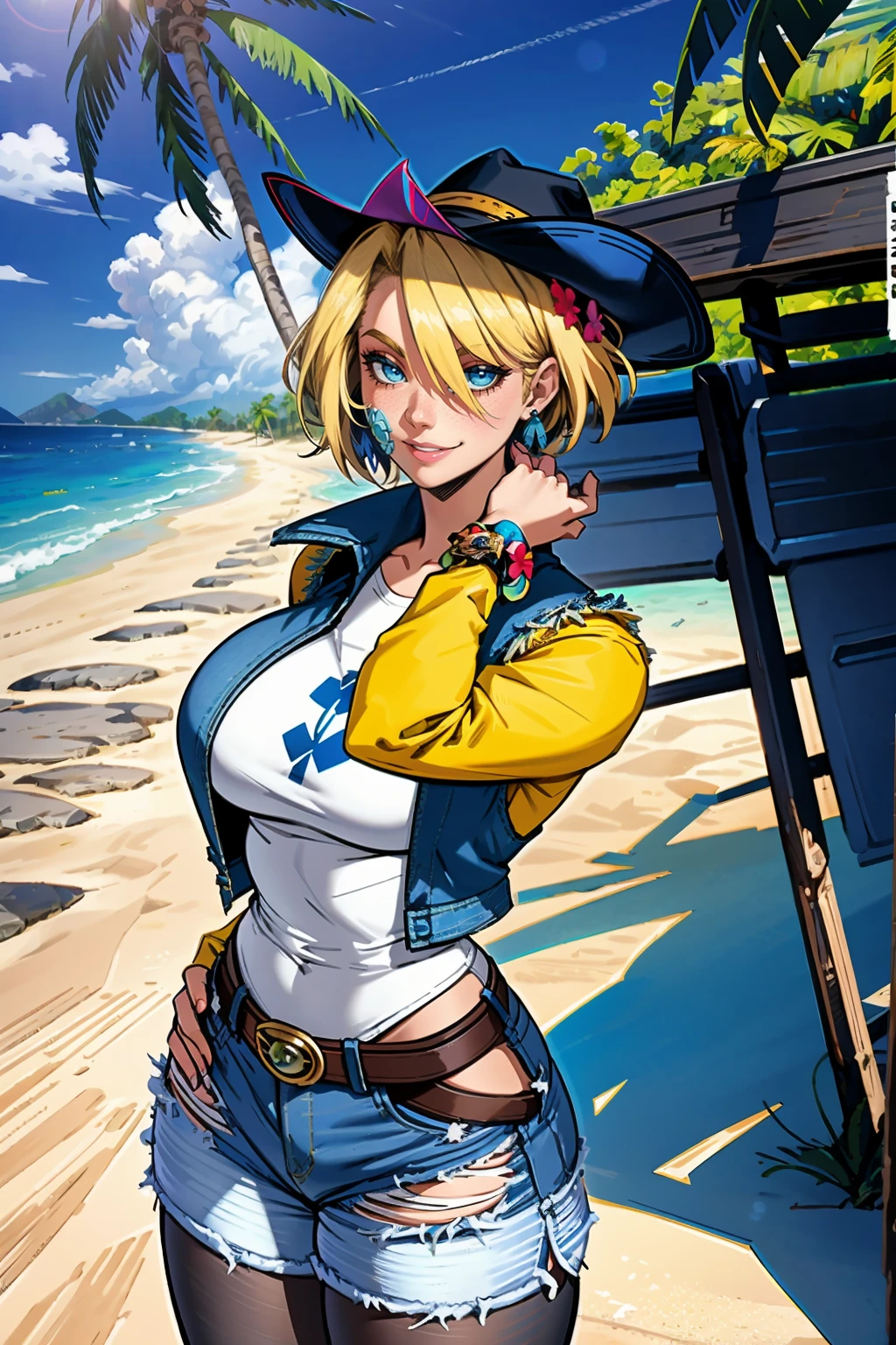 1girl, (solo:1.2), (standing:1.3), (interacting:1.3), (cowboy shot:1.5), (curvy:1.2), smile, happy, at ease, (masterpiece:1.3), (best quality:1.3), (perfect anatomy:1.4), highly detailed, (tropical beach:1.3), palm trees, azure blue water, daylight, summer,, android18, earrings, denim, belt, blonde hair, blue eyes, short hair, jewelry, (denim vest:1.2), open vest, black pantyhose, black shirt, denim skirt, (white striped long sleeves), blue skirt, large breasts, semi-realistic artstyle, vibrant, soft shading, expressive