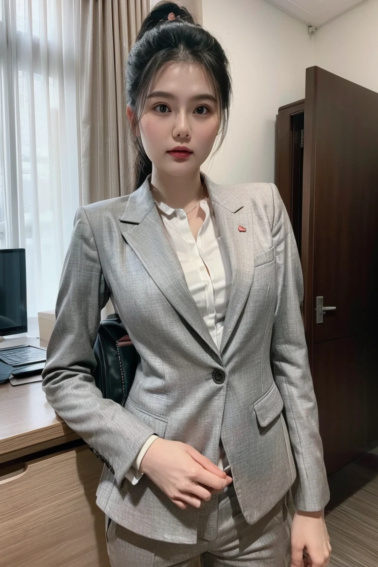 (8k, RAW photos, top quality, masterpiece: 1.2,(Best quality, 8k, 32k, Masterpiece, UHD:1.2), 1girl, asia, (25 year old), narrow waist, grey suit, front, suit body, pants, office room, 