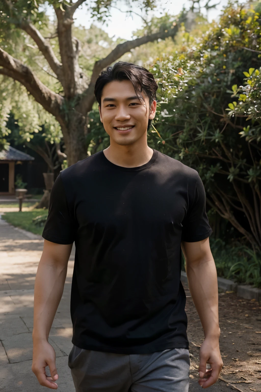 ((perfect photograph)), ((realistic)), ((8k)), (perfect face), handsome Asian man wearing a straight long black short sleeve t-shirt, walking towards camera, outdoors, lots of light, some plants, long wavy hair, smiling, big tree far in the background