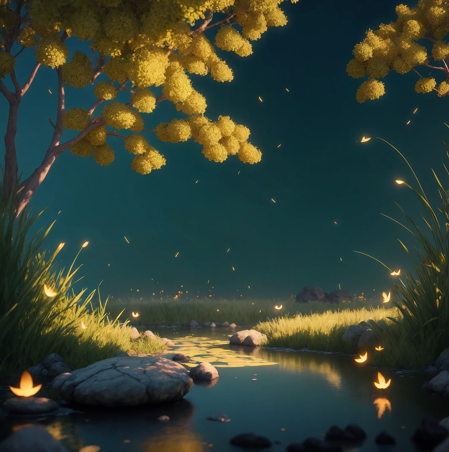 masterpiece, ((Clean glass, Sunlight:1.2, (transparent: 1.3), Gloss)), Colorful flowers on bright green background, grass shrub, many flowers, best quality, (Pixar style :1.4), (Surrounded by colorful glowing plants, many flowers, Flying fireflies, bonfire, night), (Super detailed, aesthetic, beautiful composition, Rich and bright colors, Volumetric soft light), 4K, Reflection in the water, Water ripples are inspired by Alice in Wonderland, magic, Fairytales. Unreal Engine, octane rendering, cuteness render, 3d rendering, Adobe Photoshop, awe-inspiring, beautiful