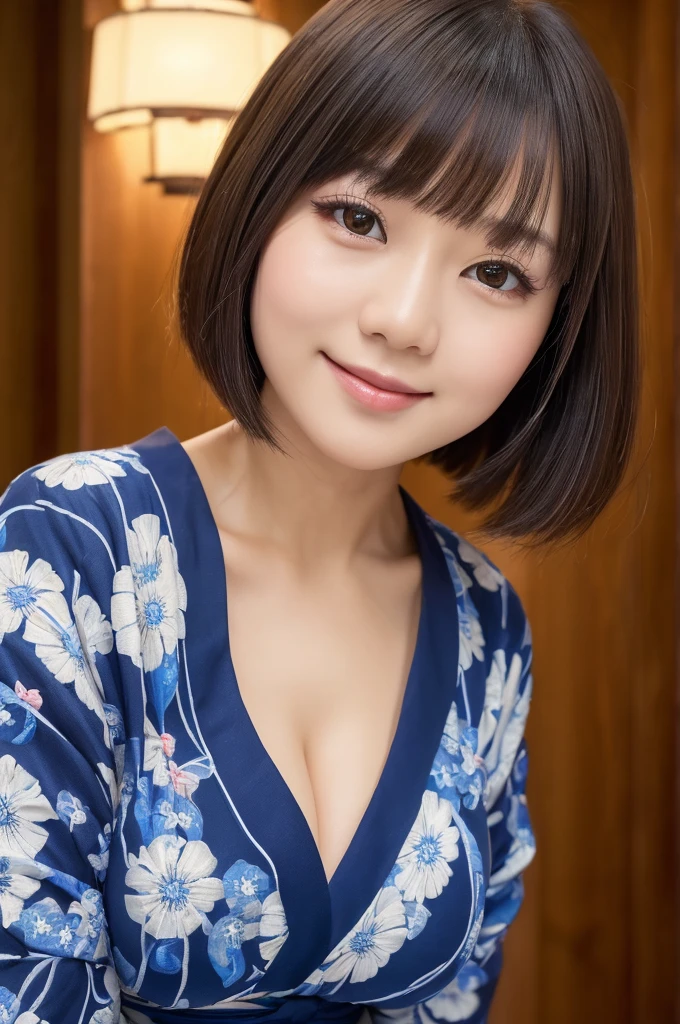 ((Best quality, 8k, Masterpiece :1.3)), 1girl, festival, round face, Pretty woman,Huge breasts,Bob Cut,Perm Hair,Moonlight,Half Smile,yukata,Ultra-detailed face,Leaning Forward, cute eyes, Double eyelid