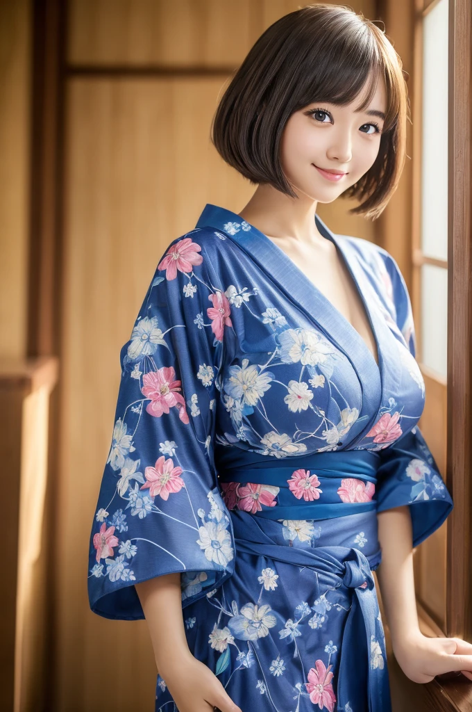 ((Best quality, 8k, Masterpiece :1.3)), 1girl, festival, round face, Pretty woman,Huge breasts,Bob Cut,Perm Hair,Moonlight,Half Smile,yukata,Ultra-detailed face,Leaning Forward, cute eyes, Double eyelid