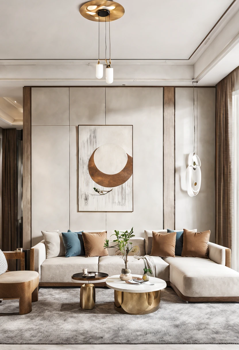Lao Chen, Interior, Living Room, Light Luxury Style, couch, curtains, indoors, window, carpet, potted plant, wooden floor