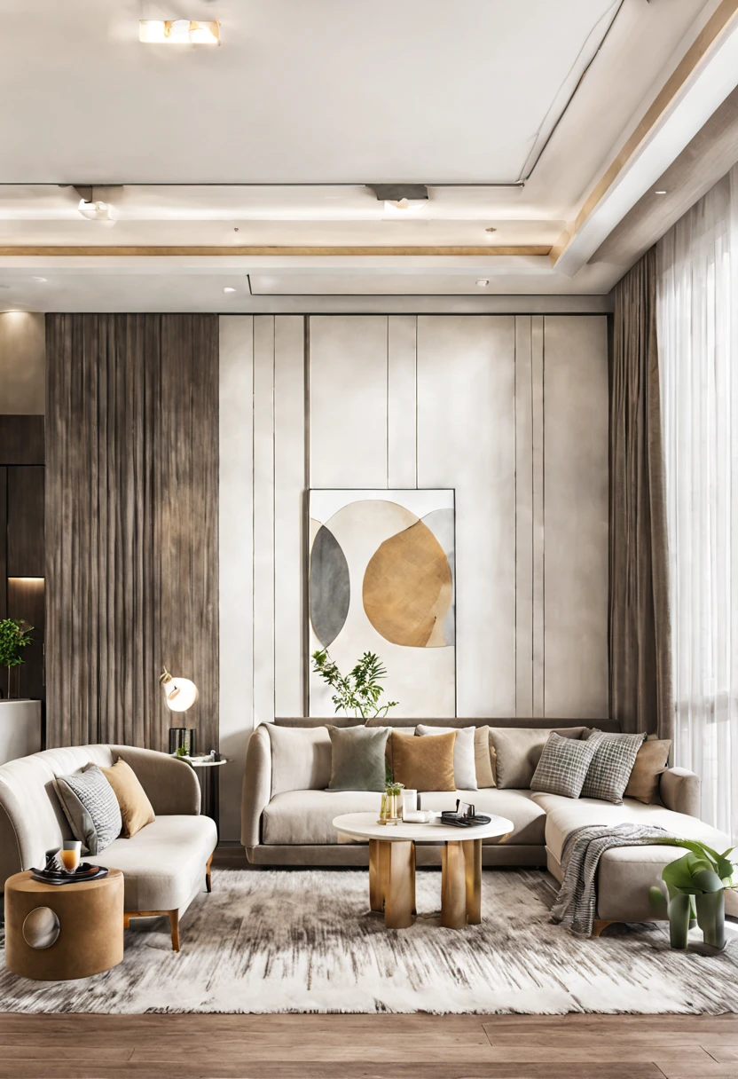 Lao Chen, Interior, Living Room, Light Luxury Style, couch, curtains, indoors, window, carpet, potted plant, wooden floor