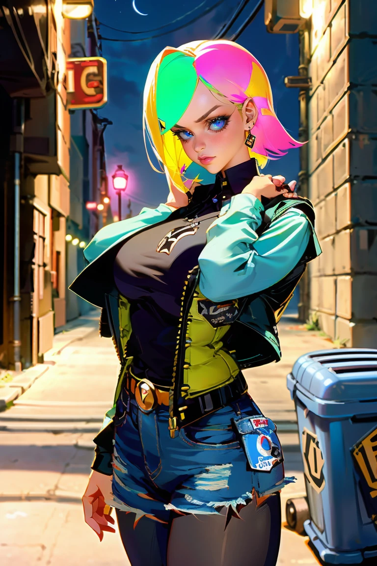 Imagine Princess Peach as a reveled female bounty hunter, with tattoos, in a crime neighborhood in a city and a cyber-punk era.