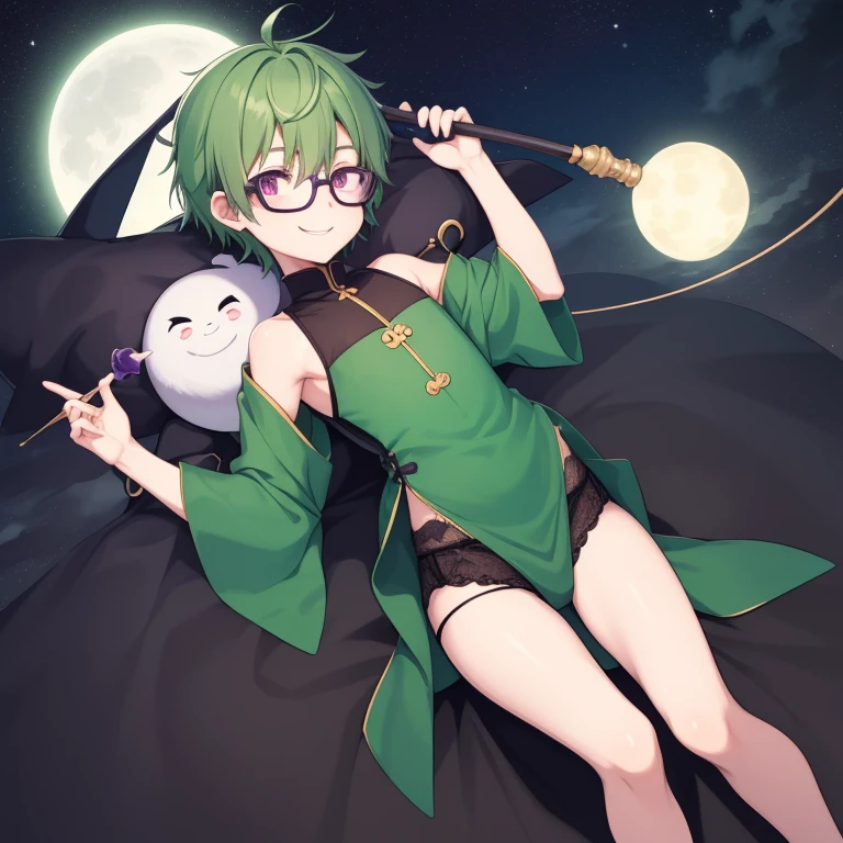 Shota boy,green hair,short hair,wearing a black circle glasses,two green antenna,purple eyes,cute,white skin,innocent,smiling,shy,night in shanghai,fullbody,in the night sky with clouds and moon,sleeping,holding a crescent-shaped magic staff,lying in the sky,quality picture,cute panties