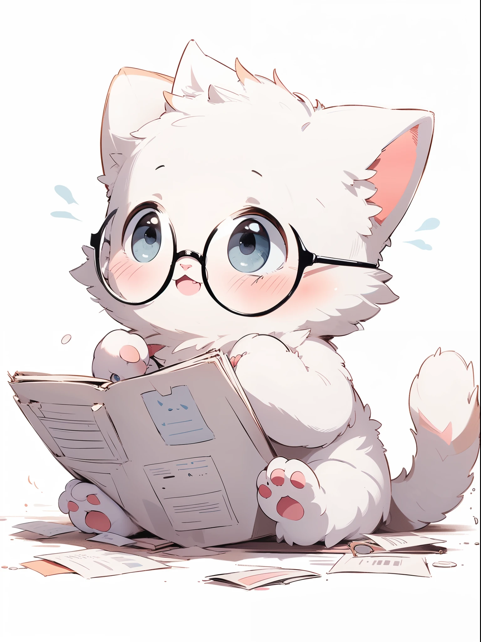 (Masterpiece:1.2, high quality)(((Light blue eyes))),Cat,Black-rimmed glasses,book:1.5,Animal focus,paw,Light blue hair:1.5