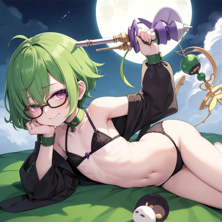 Shota boy,green hair,short hair,wearing a black circle glasses,two green antenna,purple eyes,cute,white skin,innocent,smiling,shy,night in shanghai,fullbody,in the night sky with clouds and moon,sleeping,holding a crescent-shaped magic staff,lying in the sky,quality picture,cute panties