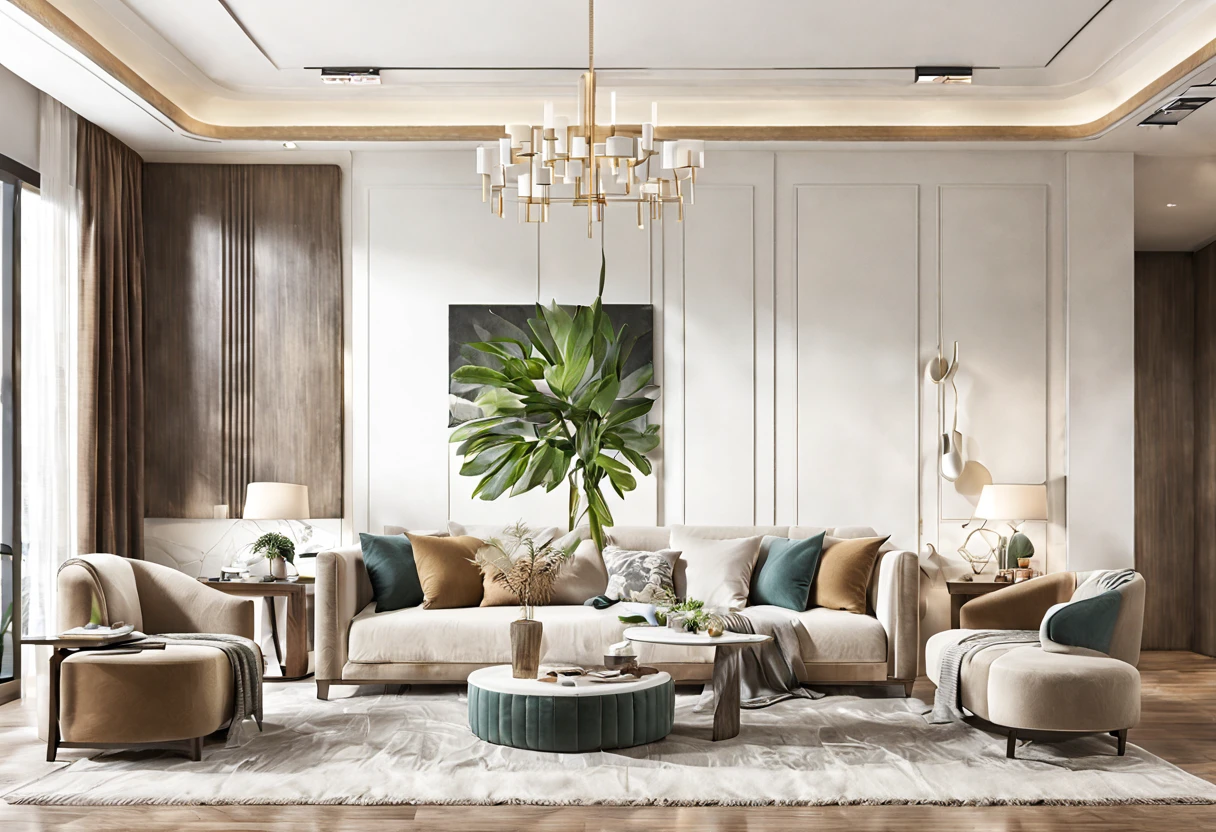 Lao Chen, Interior, Living Room, Light Luxury Style, couch, curtains, indoors, window, carpet, potted plant, wooden floor