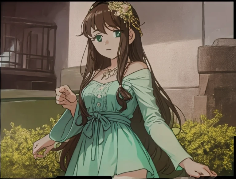 A beautiful woman with long brown hair is standing in a green dress-like outfit。