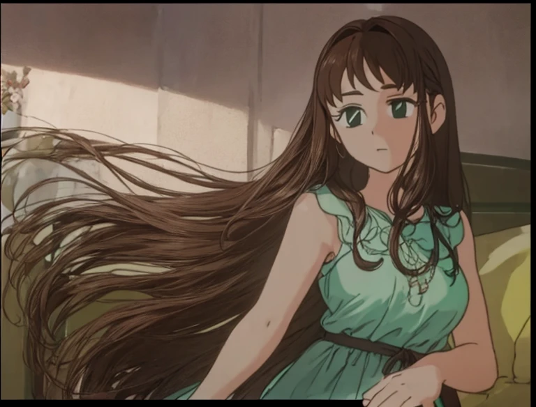 A beautiful woman with long brown hair is standing in a green dress-like outfit。