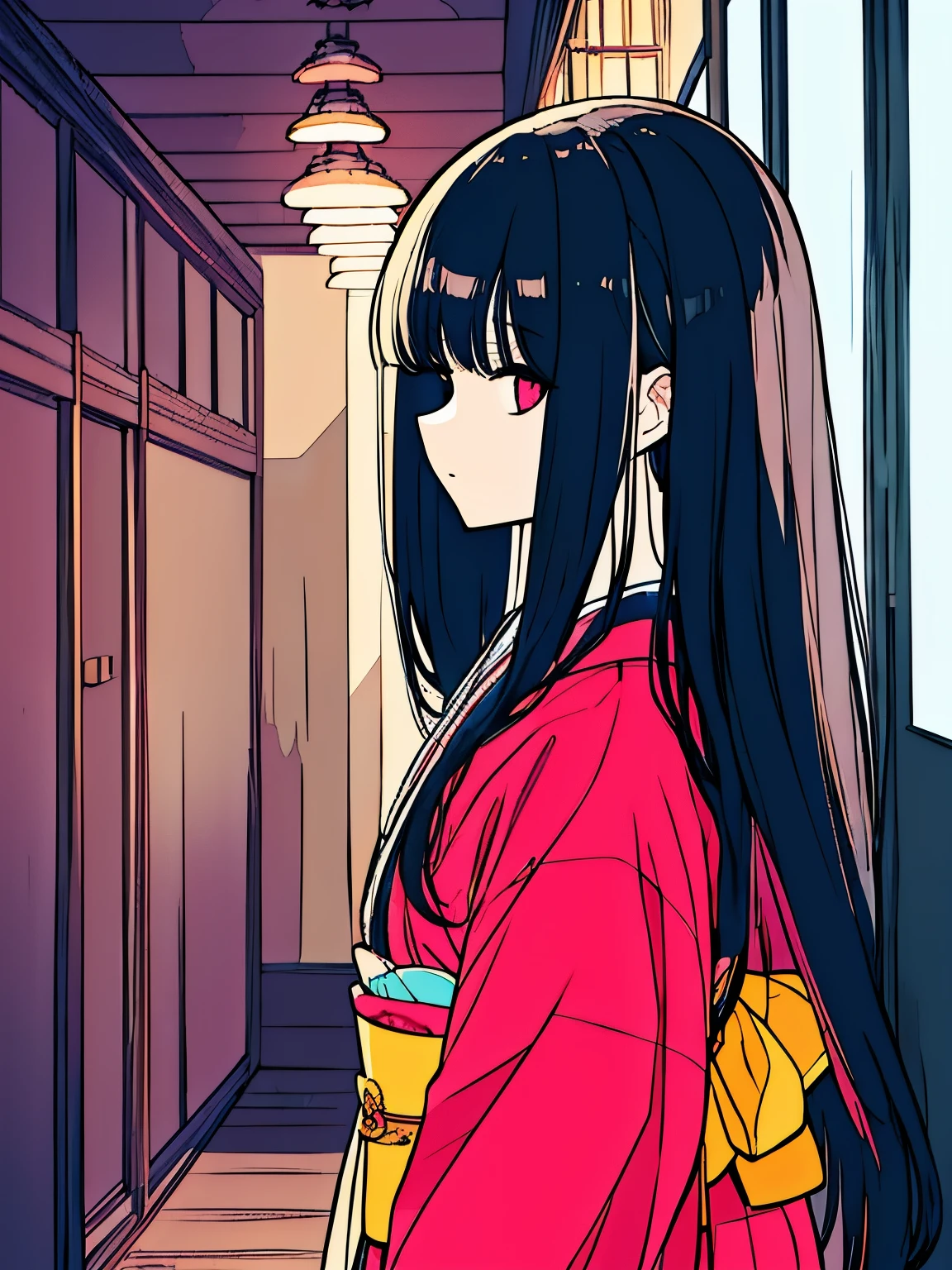 A girl wearing a Japanese doll-style kimono standing in a dark hallway、long black hair、bangs bangs、stand straight and look at me、horror movie lighting、Close-up、mysterious atmosphere、Creepy、coat、shoji