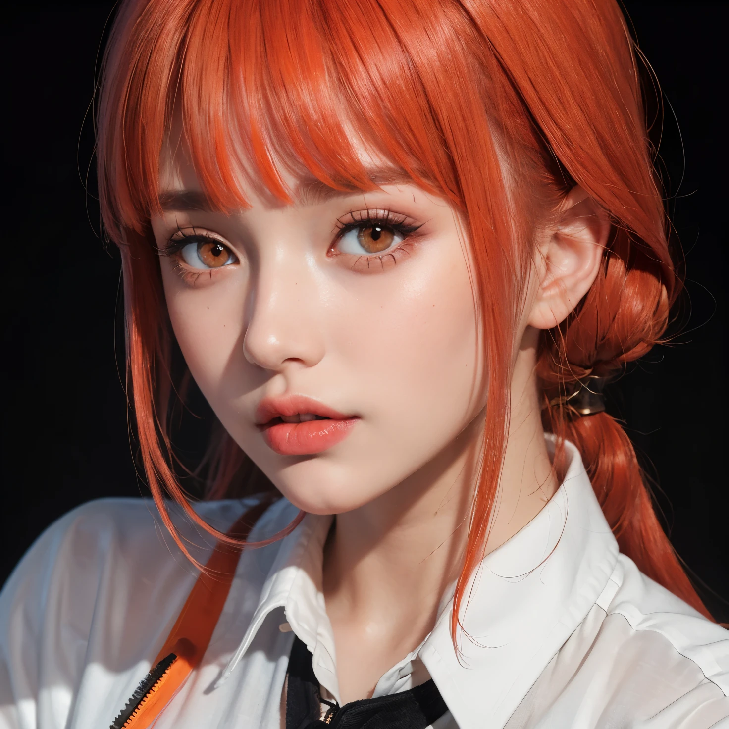 highest quality, masterpiece, (realistic:1.4), 1 girl, born, Ultra HD, dramatic light, glowing skin, Red hair color, orange eyes cool, natural makeup,