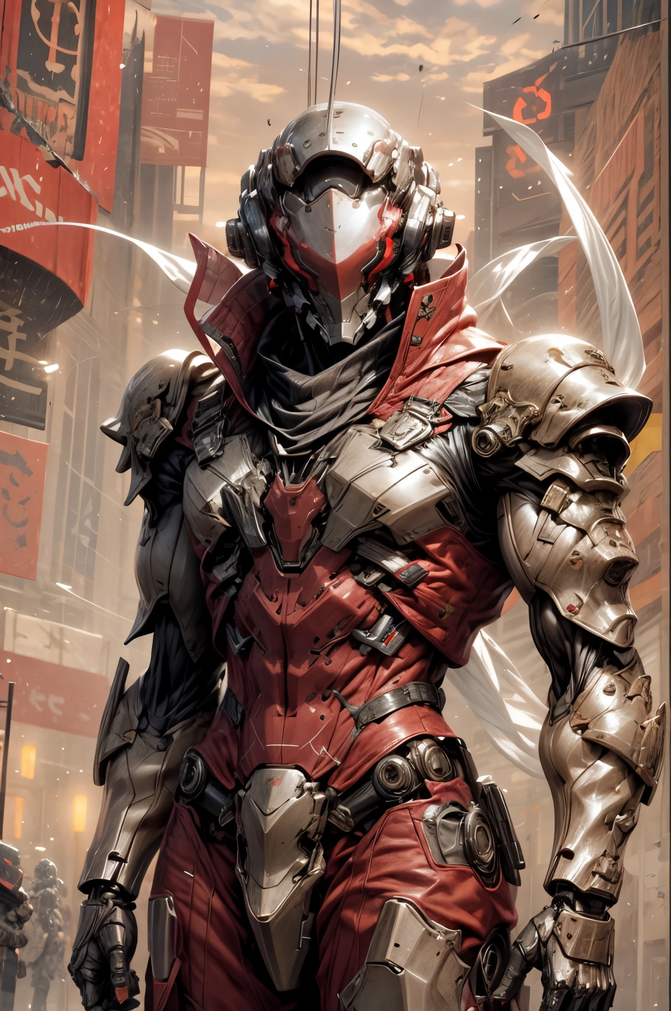 a man with a sleek yet tactical armored leather military trench coat, flat masculine chest, mechanical mecha knight head with a narrow visor, sleek and revealing armor plated under suit with waist cut outs, beautifully engraved upper arm and shoulder armor, androgynous charm with slim yet heavily muscled physique, sylphlike with a sleek waist, toned yet beautifully sleek cybernetic arms and mechanical arms and legs, mecha muscles, brass metal armor and brown leather, dieselpunk, best quality, 4k, 8k, highres, masterpiece, ultra-detailed, realistic, photorealistic, photo-realistic, HDR, UHD, studio lighting, ultra-fine painting, sharp focus, physically-based rendering, extreme detail description, professional, vivid colors, bokeh, portraits, concept art