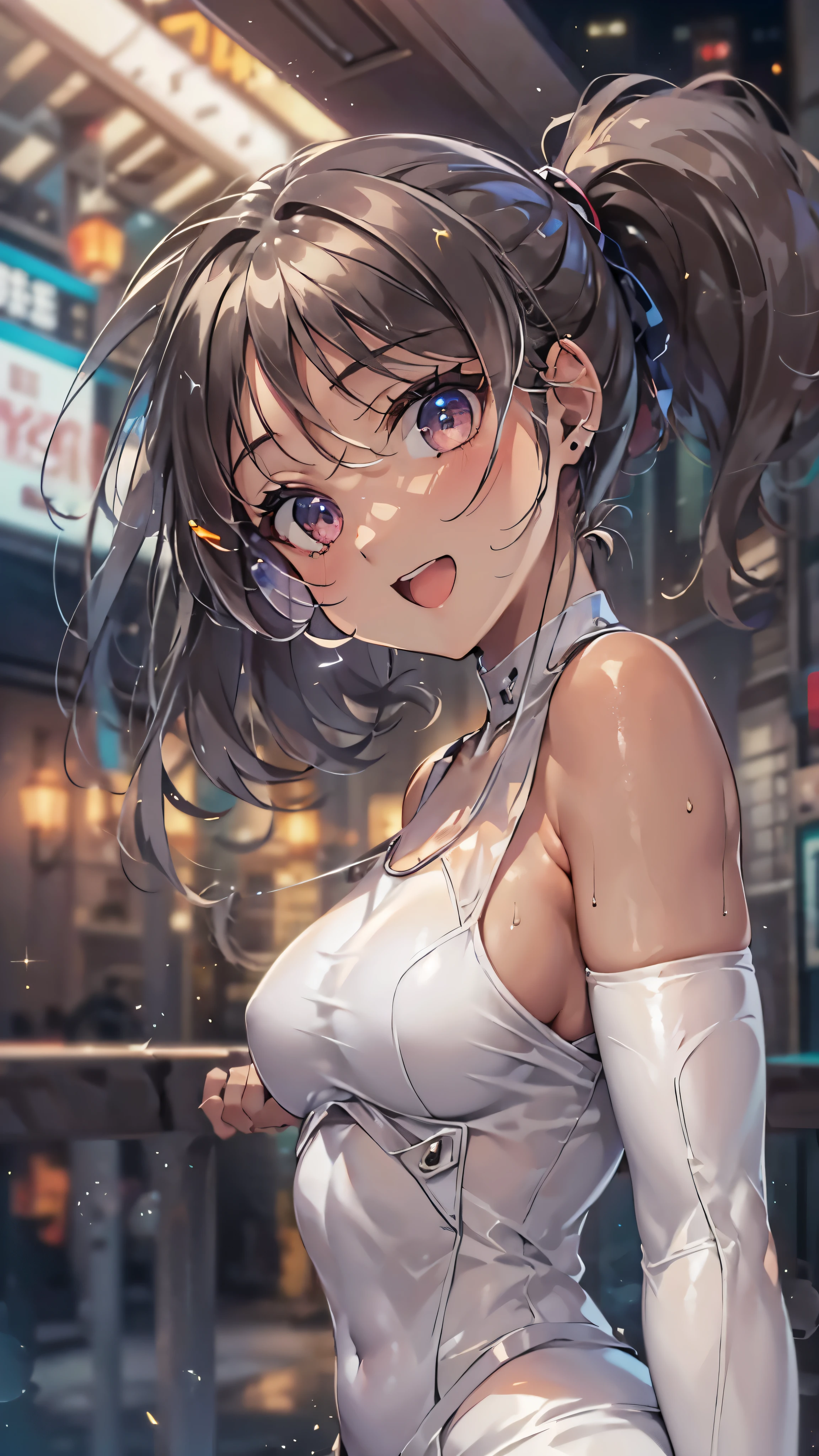 woman,,,city,night,(((white tight miniskirt bodysuit))),,open mouth smile((See-through))Glasses,((Beautiful long ponytail)),((baby girl bohape))