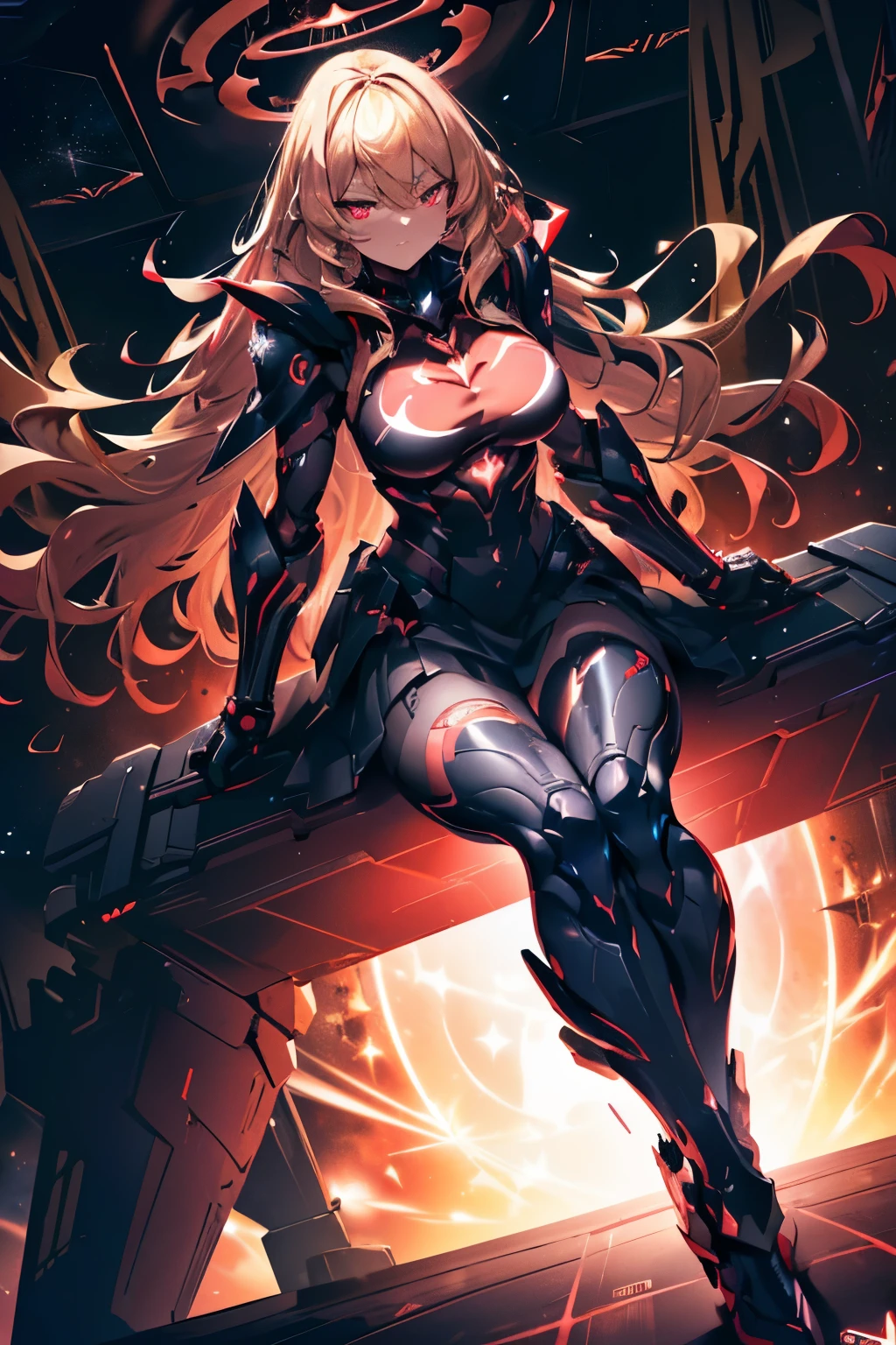 (armed curvy and strong muscular warlord woman), (evil expression), ((voluminous wavy blonde hair)), glowing red eyes, ((large high-tech glowing dark red star on her chest)), refined details, (wearing a sleek high-tech futuristic black:70 and dark red:90 tactical sleek armor with a skirt), highly weaponized, ((sideways intimidating pose)), ((sitting sideways on top of a space ship)), (surrounded by holographic numbers and symbols and stars), best quality, sharp well-defined linework, high quality, 8k professional picture