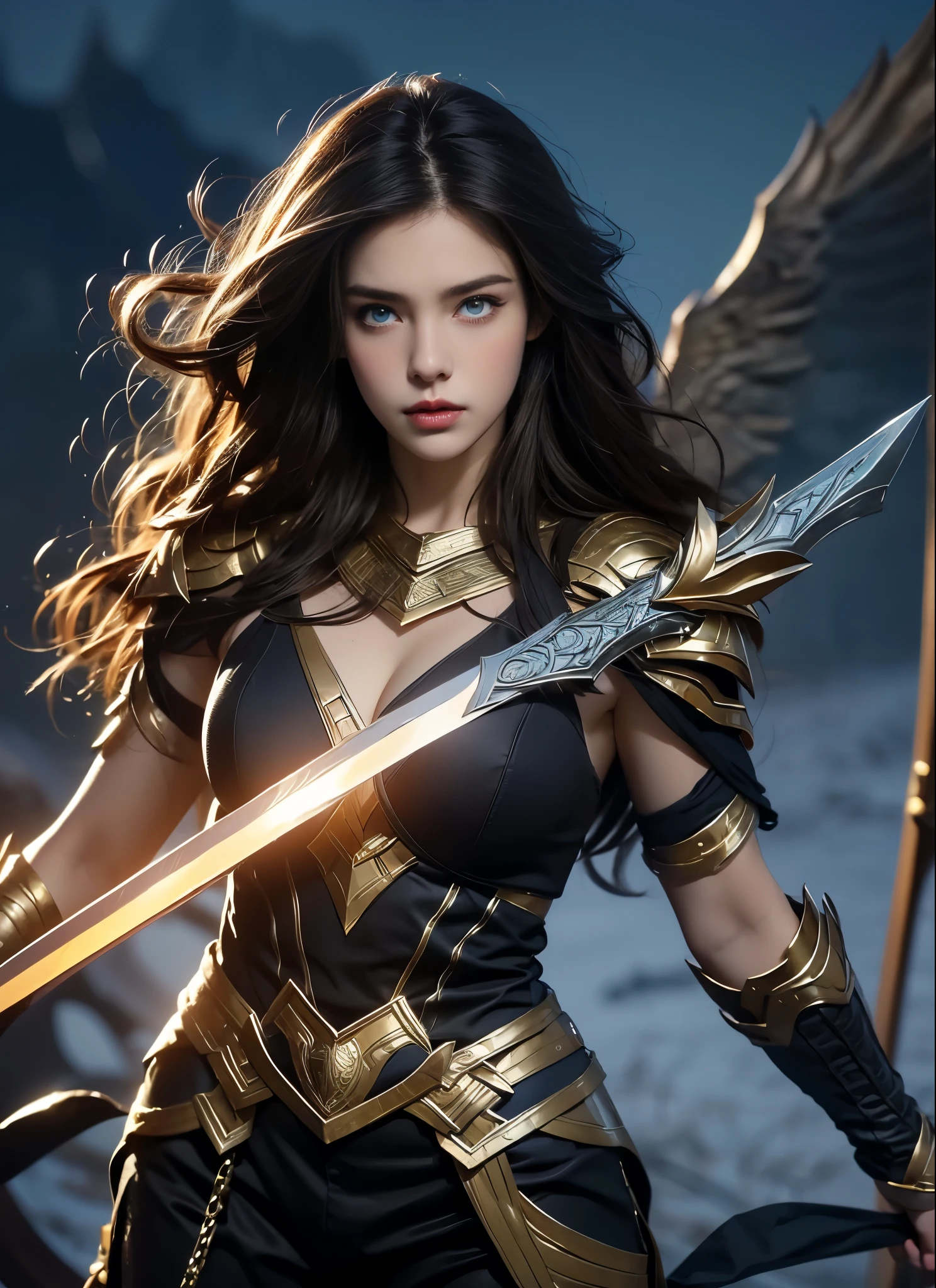 Alison Tyler as a Asgard valkyrie，blue eyes, long brown hair, perfect body, Senhora Cavaleiro，Anatomia correta，holding a magical big sword, epic fantasy digital art, masterpiece，8k，high-definition resolution，desenho detalhado，Qualidade Superior，, Epic composition