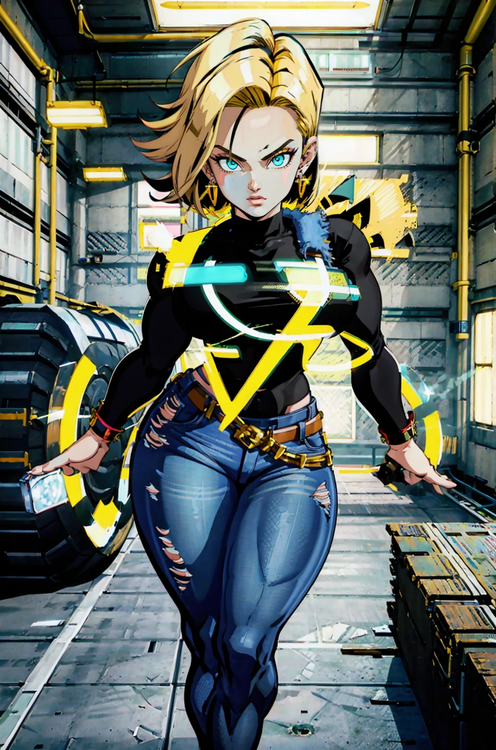 (dynamic pose:1.5), (foreshortening:1.6), (head fully in frame:1.3), (beautiful face:1.5), (cowboy shot:1.3), looking at viewer, beautiful eyes, (curvy:1.3), (large breasts:1.3), (wide hips:1.2), narrow waist, (abs), rizdraws, thick lineart, (film grain:1.2), (semi-traditional artstyle:1.3),, and18, 1girl, android 18, solo, blonde hair, blue eyes, short hair, earrings, jewelry, denim vest, open vest, black pantyhose, black shirt, denim skirt, striped long sleeves, blue skirt, large breasts, (testing facility:1.4), (yellow-red markings:1.3), inside, high ceiling, ceiling lights, tiled, modern, (large room:1.5), electricy cables on the floor:1.2),