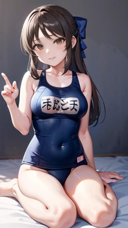 highest quality、one girl，full body figure、Perfect five-finger、two perfect legs、two perfect legs、Tachibana Arisu、 shy face、perfect thing、detailed description、small details、detailed face、erotic pose、brown_hair, long_hair, brown_eyes, bow, hair_bow, upper_body, blue_bow, closed_mouth, bangs、big boobs、big 、big breasts、schoolswimsuit