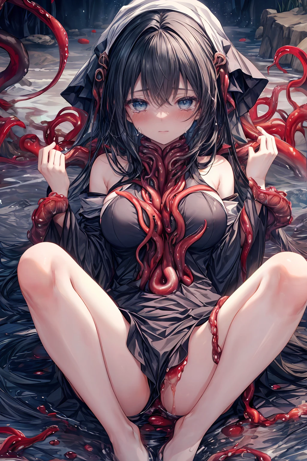 ((8Kmasterpiece,highest quality)), ultra high resolution, (masterpiece: 1.4), hyper detail, (1 female))),,Watery eye,(blush),beautiful and delicate eyes,light blue eyes,Big eyes,shining eyes of light,Thin and long eyelashes,detailed light,beautiful face,((black hair)),((short hair)), Expressionless,(crying),Are crying,big breasts, (((Countless tentacles clinging to a woman))),(((evil tentacles wrapped around a woman))),((Viscous liquids)),(((Women are humiliated))),(tangled up in a big snake), slender body, (Please lie down and spread your legs.)),((deep sea)),((dark and fantastic space))