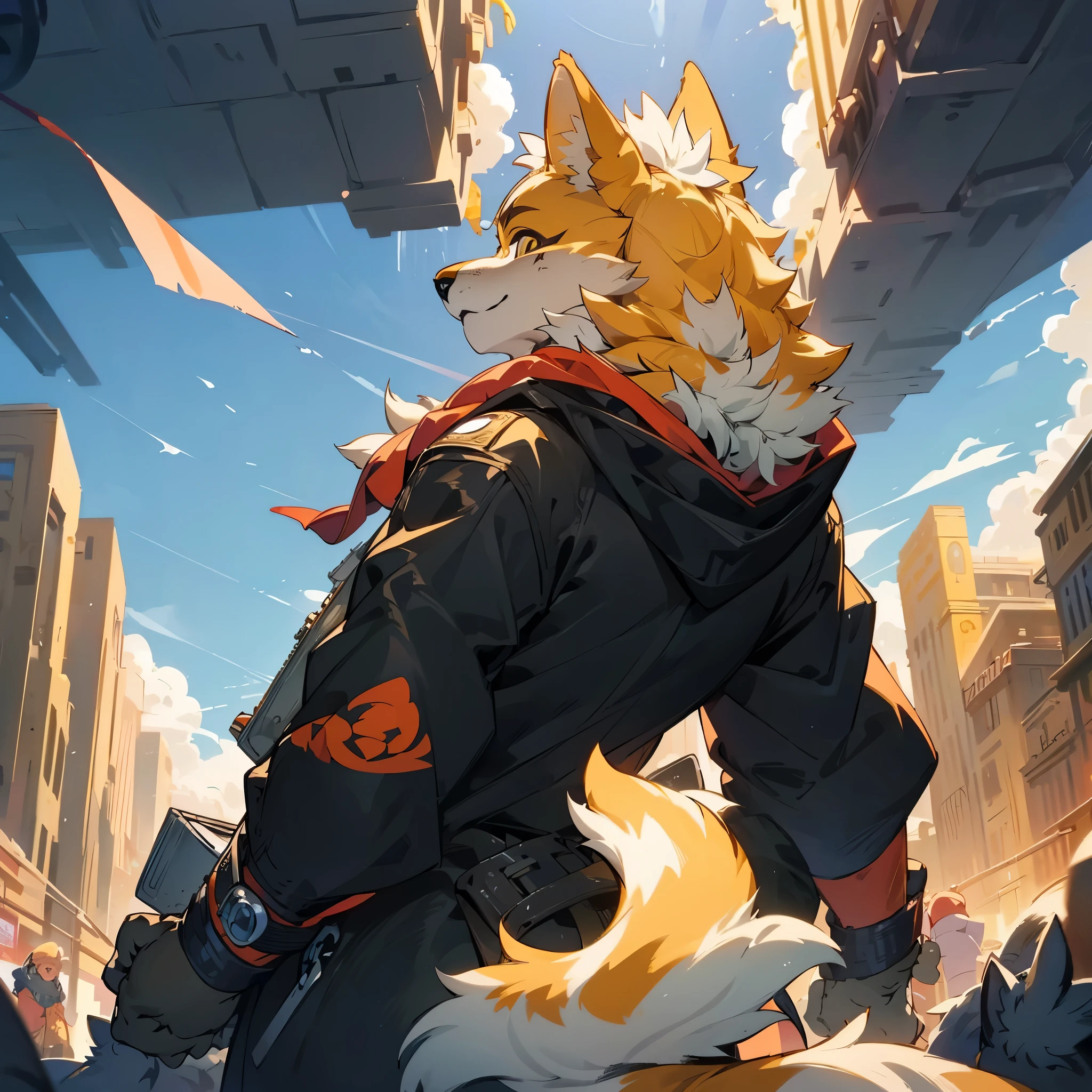 top quality, best quality, High-quality illustrations, masterpiece, super high resolution, detailed background, Crowded cityscape, Crowd(highly detailed beautiful face and eyes)absurdres, perfect anatomy(cute 1girl, warking, back view, kemono)(furry)(furry anthro:1.7)(Furry body, dog facial features, dog body features)(very detailed body fur)low angle full shot, shot from behind,
