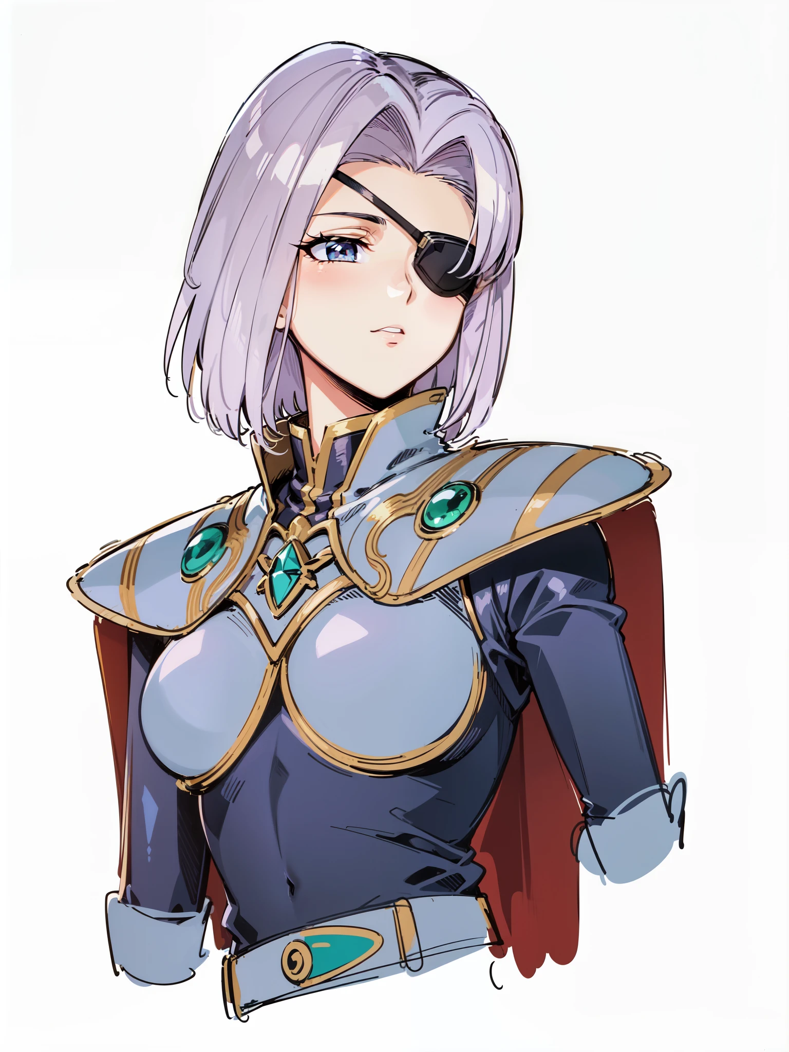 urushihara satoshi,, highly detailed,flat color,best quality,elegant standing,masterpiece,,urushihara satoshi,1girl,,1980s \(style\), normal proportion,((masterpiece)),(((best quality))),DETAILED FACE, 1girl, solo,(((middle part hair))),purple hair,short hair,retro artstyle,,green crystal,best shadow,sillhouttes lighting,sword,upper body,(girl:1.3),(((urushisato))),,4k,sharp,eyepatch,buat dengan gaya 80s anime,buat rambutnya menutupi kuping,buat gaya rambutnya seperti android 17 dragon ball,muka wanita dewasa,buat dia seperti umur 25tahun,memegang pedang,memakai penutup mata,