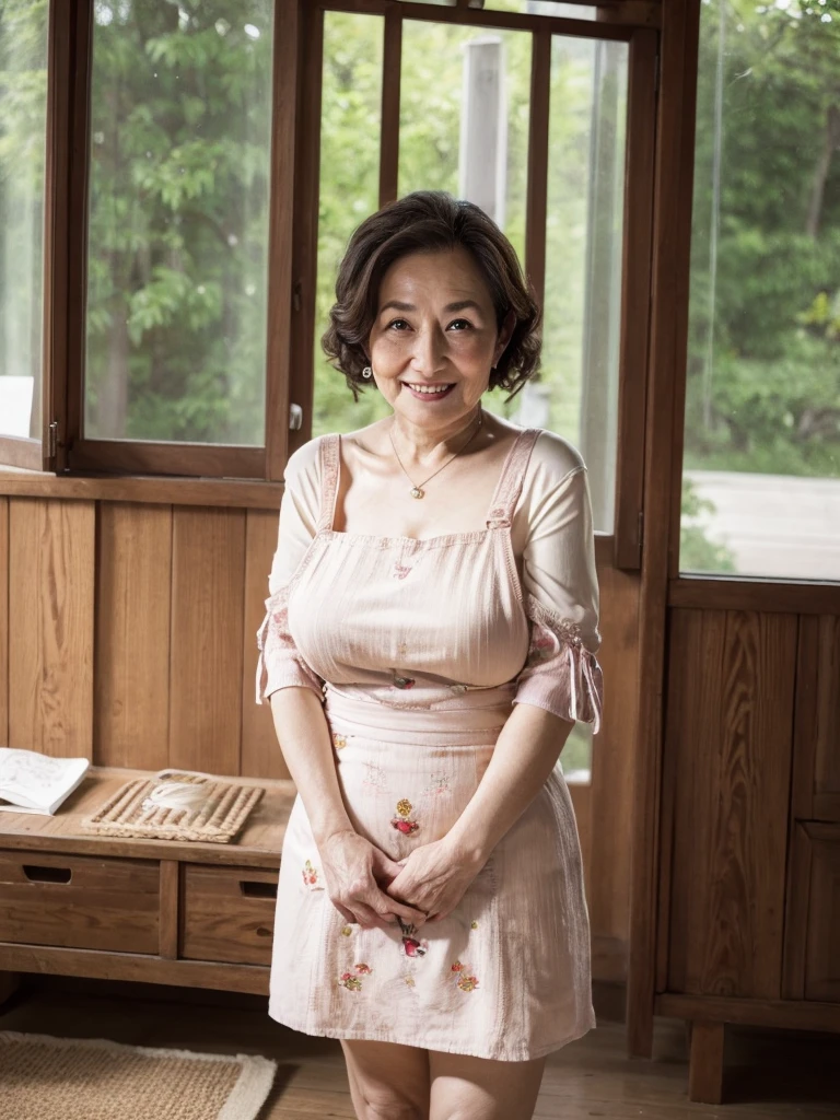 best quality, masterpiece, 16K, absurdres, park, old woman, delightful, smiling, standing, making a heart with fingers, looking at viewer, semi long, curly, brown hair, black eyes, big eyes, pale skin, detailed skin, wrinkles skin, glamorous, beautiful breasts, fat, apron, mini skirt, off shoulder top, piercing, necklace, long boots, chubby, beauty mark, 50-year-old, old, middle-aged, elderly, japanese, inside, in the living room, with a window, with a bed, in the afternoon, beautiful, ultra realistic photo, real person, full body shot, from front, front view, wide shot, wide view, cowboy shot, moonlight