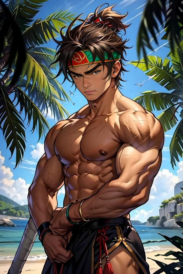 (Masterpiece, Best quality 16 year old boy，cute eye, Shota), solo, Young, boy, Dark Short hair, full bodyesbian, Shirtless, babyface, topless, green headband, Vivid colors,(Depth of field:1.2),(Abs), view the viewer, black wristband, closed mouth, serious, topless male, pale tanned skin with tight muscler body, Man with martial arts stance, epic kung fu pose