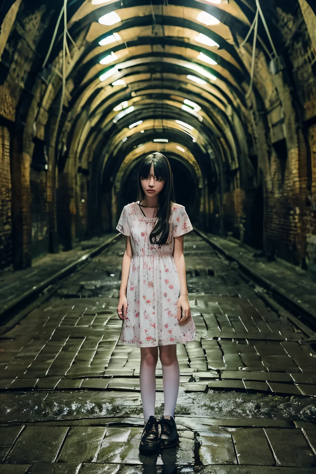 A girl lost in an underground labyrinth、skeleton、Bat、river flowing underground