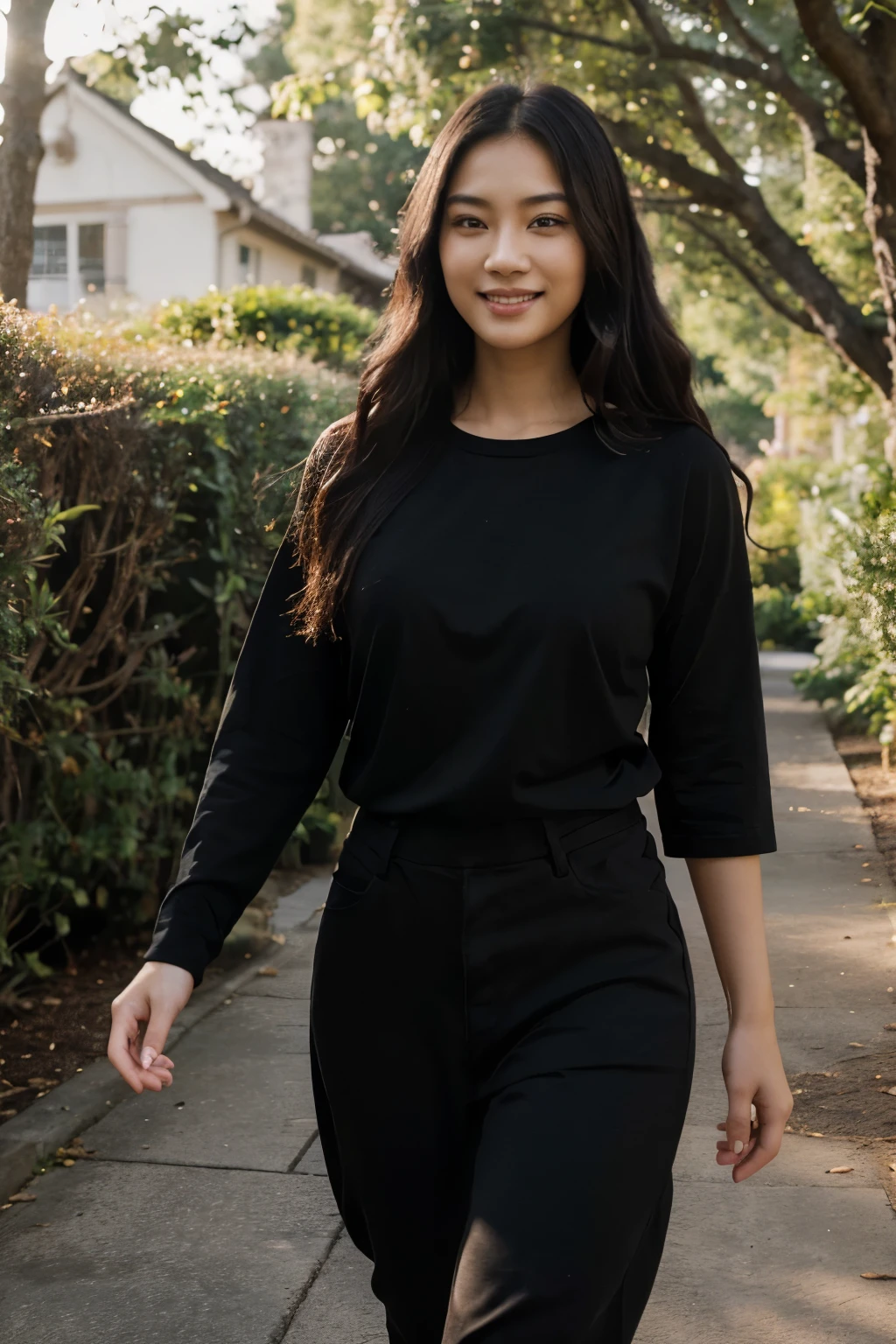 ((perfect photograph)), ((realistic)), ((8k)), (perfect face), gorgeous Asian women wearing a straight long black t-shirt, walking towards camera, outdoors, lots of light, some plants, long wavy hair, smiling, big tree far in the background