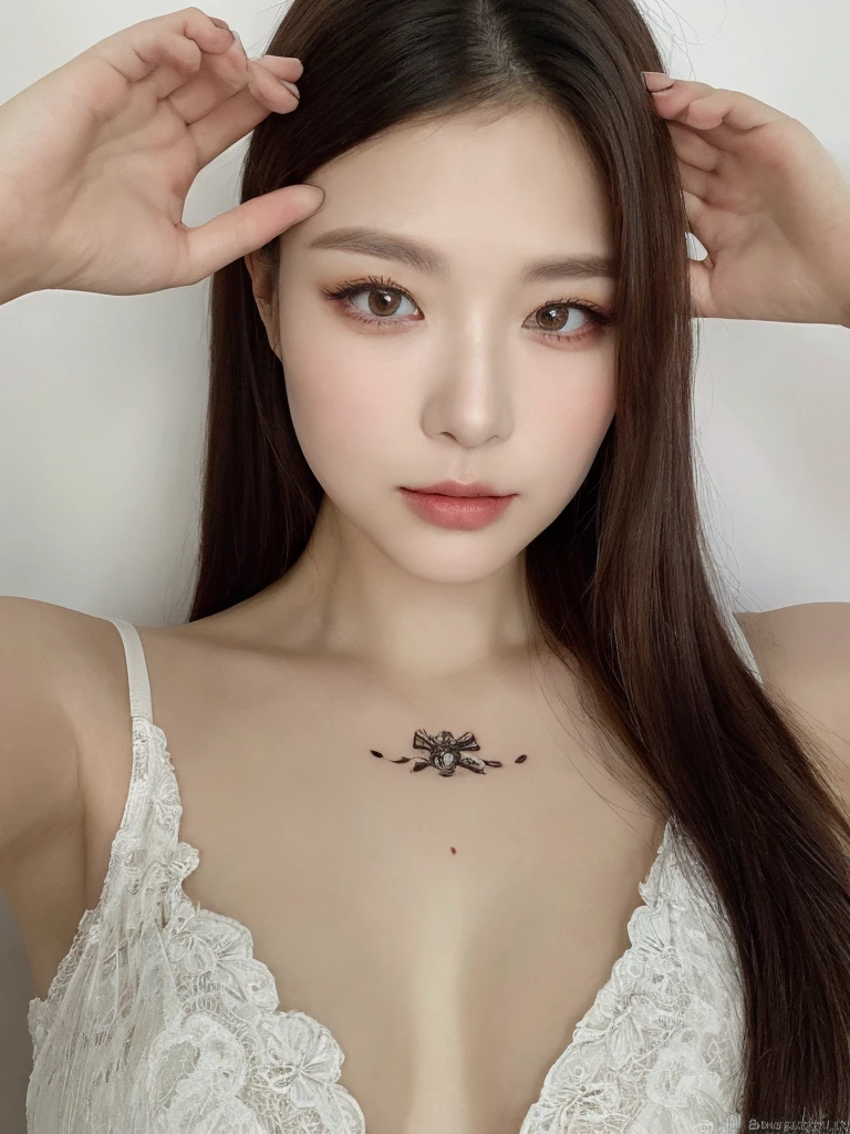 best quality， ultra high resolution， white background，（In reality：1.4）， girl， A pair of eyes as clear as snow,imperial sister，black long straight， looking at viewer， closeup cleavage ，Korean woman, Full body tattoo, selfie