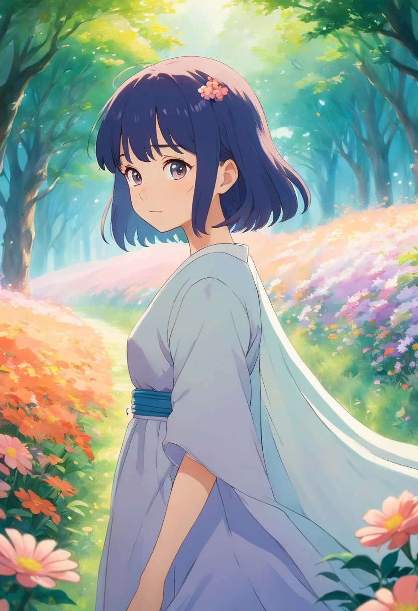 A stunning photograph captures Hinata, a beautiful lady, in a serene and ethereal setting. She stands in a lush flower field, her flowing dress matching the vibrant colors of the blossoms around her. The soft morning light illuminates her delicate features, casting a gentle glow on her face. The overall mood is one of tranquility and grace, as she gazes into the distance with a serene expression. The style of the photograph is dreamlike, reminiscent of a fairytale, with a touch of vintage elegance. The realization is achieved with a high-resolution DSLR camera, utilizing a shallow depth of field to focus on Hinata while creating a blurred background, enhancing the sense of enchantment.
