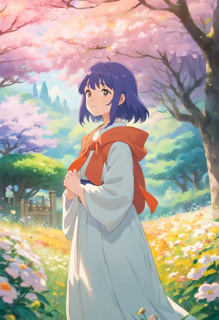 A stunning photograph captures Hinata, a beautiful lady, in a serene and ethereal setting. She stands in a lush flower field, her flowing dress matching the vibrant colors of the blossoms around her. The soft morning light illuminates her delicate features, casting a gentle glow on her face. The overall mood is one of tranquility and grace, as she gazes into the distance with a serene expression. The style of the photograph is dreamlike, reminiscent of a fairytale, with a touch of vintage elegance. The realization is achieved with a high-resolution DSLR camera, utilizing a shallow depth of field to focus on Hinata while creating a blurred background, enhancing the sense of enchantment.