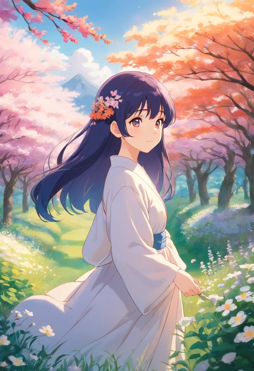 A stunning photograph captures Hinata, a beautiful lady, in a serene and ethereal setting. She stands in a lush flower field, her flowing dress matching the vibrant colors of the blossoms around her. The soft morning light illuminates her delicate features, casting a gentle glow on her face. The overall mood is one of tranquility and grace, as she gazes into the distance with a serene expression. The style of the photograph is dreamlike, reminiscent of a fairytale, with a touch of vintage elegance. The realization is achieved with a high-resolution DSLR camera, utilizing a shallow depth of field to focus on Hinata while creating a blurred background, enhancing the sense of enchantment.