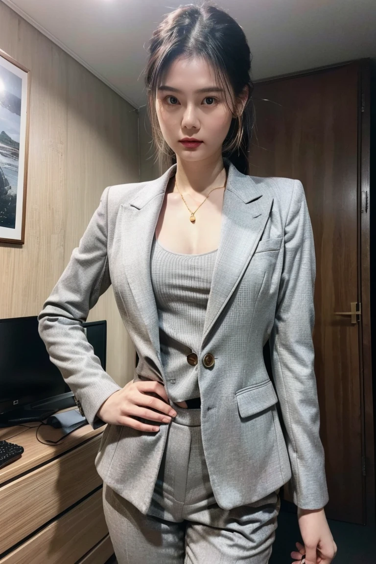 (8k, RAW photos, top quality, masterpiece: 1.2,(Best quality, 8k, 32k, Masterpiece, UHD:1.2), 1girl, asia, (25 year old), narrow waist, grey suit, front, suit body, pants, office room, look at camera, (gold ratio)