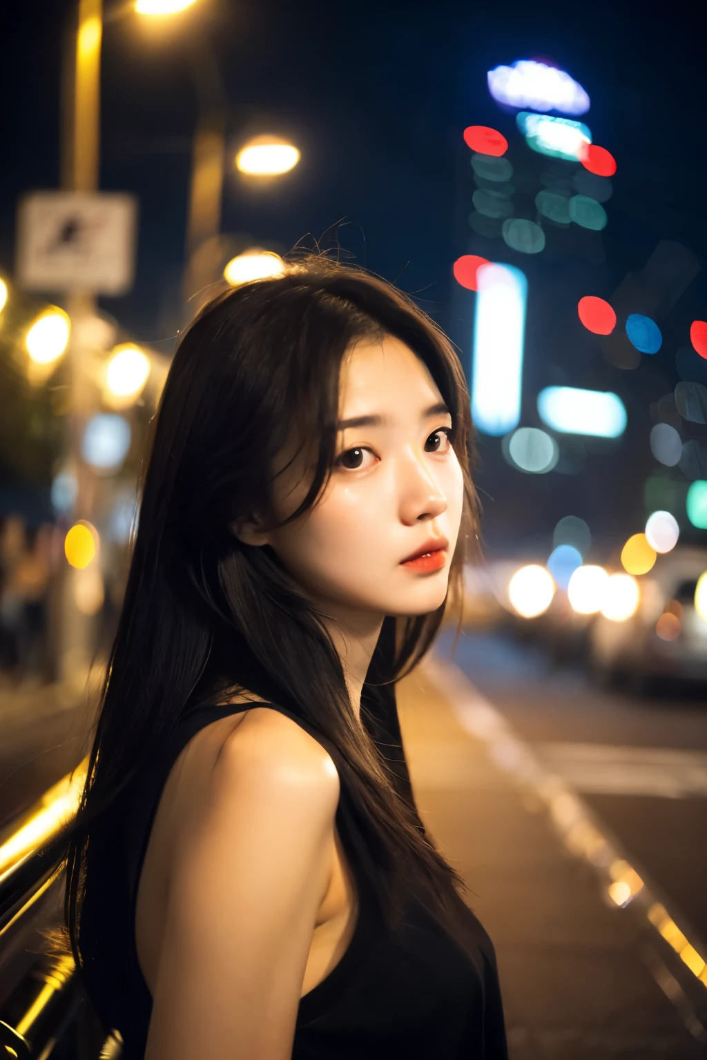 ((最high quality)), ((masterpiece)), (cinematic aesthetic:1.4) Beautiful Korean fashion model bokeh city night photo Yaju(Yazō),(最high quality:1.2),ultra high resolution,high quality,(realistic, photorealistic:1.4),1 girl,alone,long hair,black eye,Upper body,(face to face_viewer:1.2),looking at viewer,