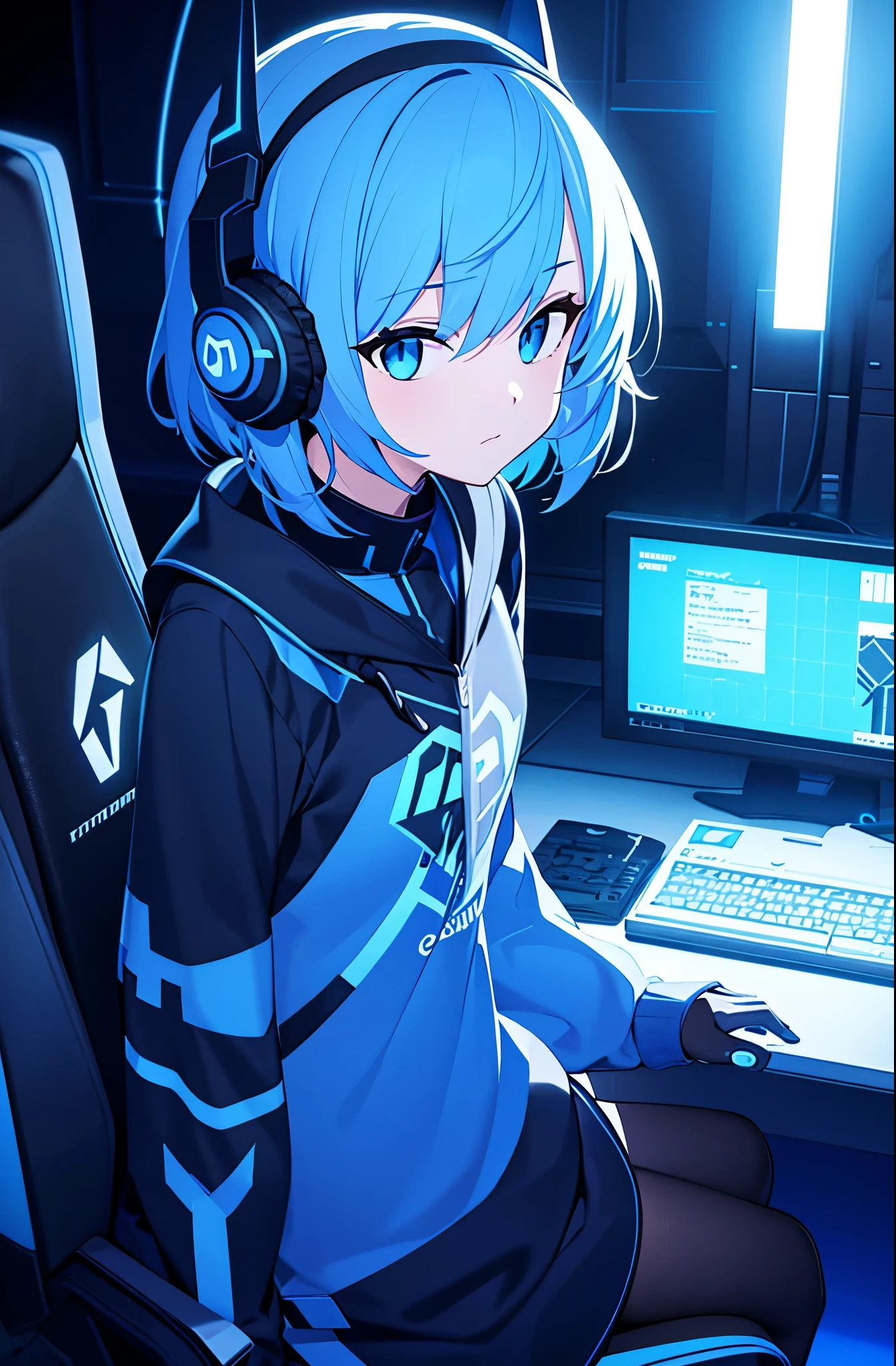 gamer, headset, 1girl, normal hands, beatiful ilustraton, masterpiece, leds, blue colors, short hair, looking the screen, gamer chair, oversized clothes, medium chest, black tights