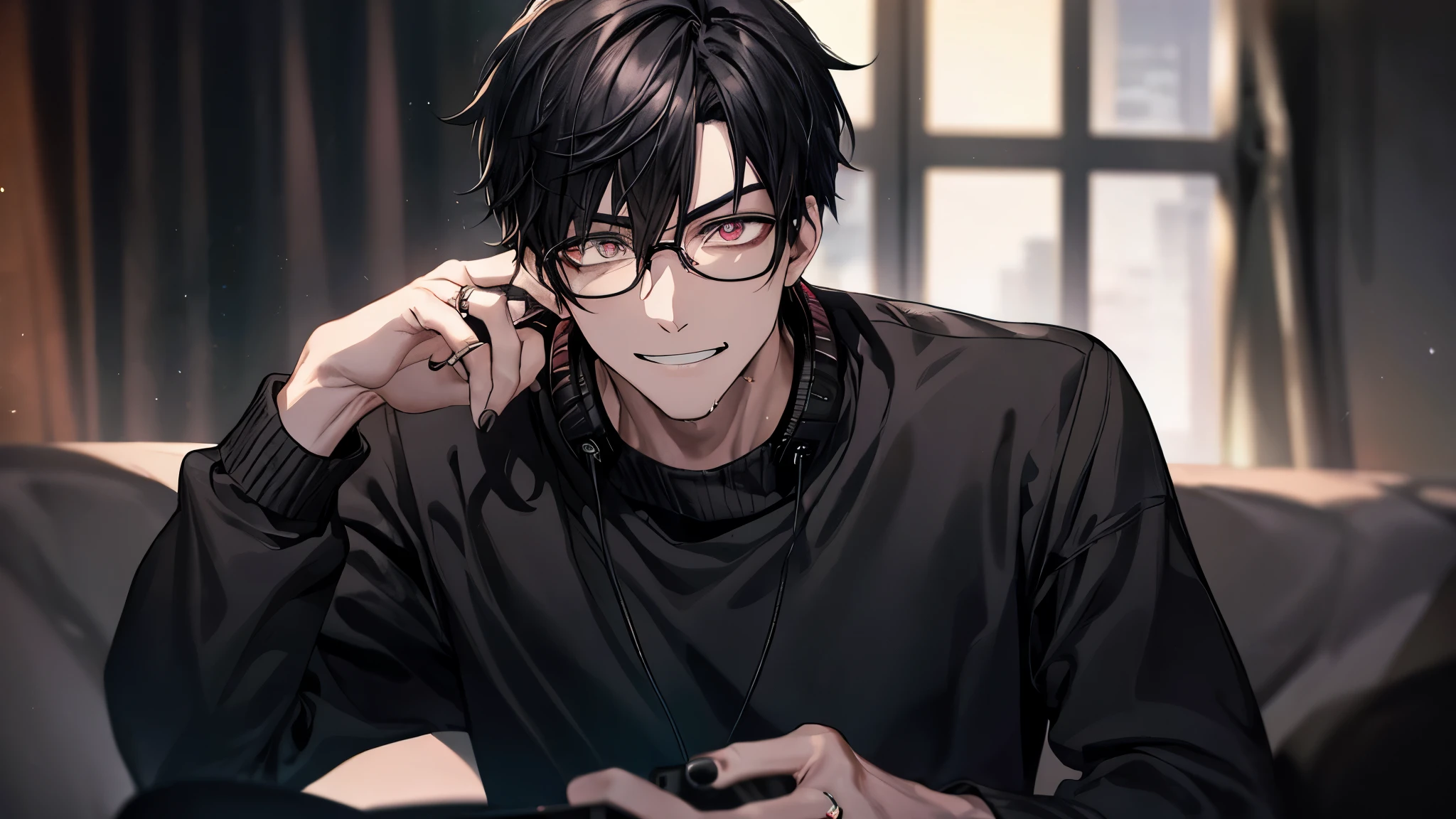 Manga cover style, detailed.
best quality, art, detailed face, in the style of lora marvin.
(26-year-old man) (young intellectual) (unkempt and authentic appearance) (messy dark brown hair) (wears thick-rimmed glasses) (1.74 m tall) (His skin is pale) (dark circles around his eyes ) (black clothes) (small scar on the left eyebrow) (smoking a cigarette) (in the other hand an alcoholic drink)
(The background is a night bar)