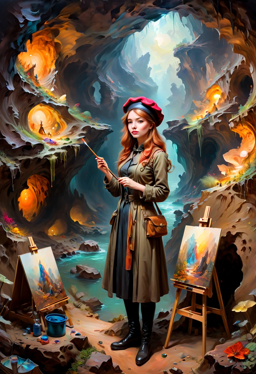 a female painter, beret, Underground caves, Brush, easel, oil painting, high saturation, fantasy art, enhance, intricate, (best quality, masterpiece, Representative work, official art, Professional, 8k)