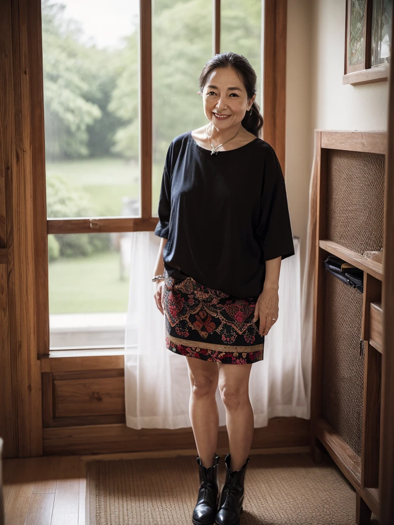 best quality, masterpiece, 16K, absurdres, park, old woman, delightful, smiling, standing, making a heart with fingers, looking at viewer, long hair, ponytail, brown hair, black eyes, big eyes, pale skin, detailed skin, wrinkles skin, glamorous, beautiful breasts, fat, mini skirt, tube top, piercing, necklace, long boots, chubby, beauty mark, 50-year-old, old, middle-aged, elderly, japanese, inside, in the living room, with a window, with a bed, in the afternoon, beautiful, ultra realistic photo, real person, full body shot, from front, front view, wide shot, wide view, cowboy shot, moonlight