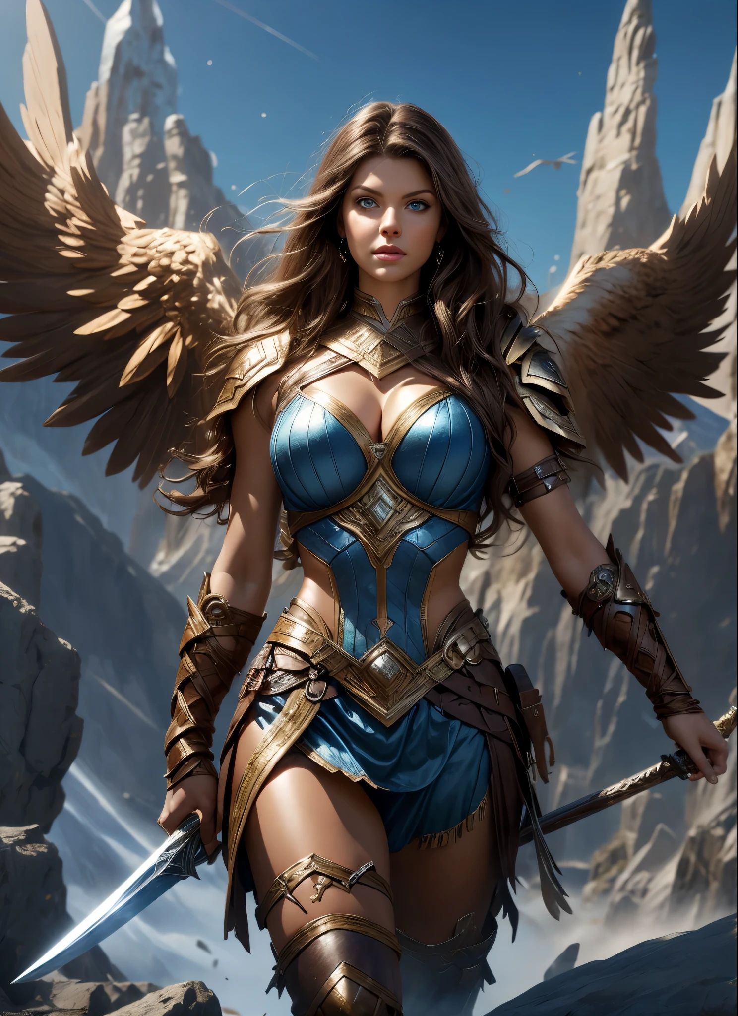 Denise Milani as a Asgard valkyrie,blue eyes, long brown hair, perfect body, Senhora Cavaleiro,Anatomia correta,holding a magical big sword, epic fantasy digital art, masterpiece,8k,high-definition resolution,desenho detalhado,Qualidade Superior,, Epic composition