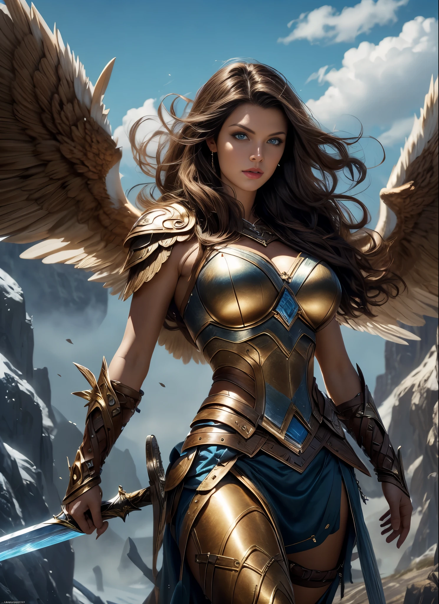 Denise Milani as a Asgard valkyrie，blue eyes, long brown hair, perfect body, Senhora Cavaleiro，Anatomia correta，holding a magical big sword, epic fantasy digital art, masterpiece，8k，high-definition resolution，desenho detalhado，Qualidade Superior，, Epic composition