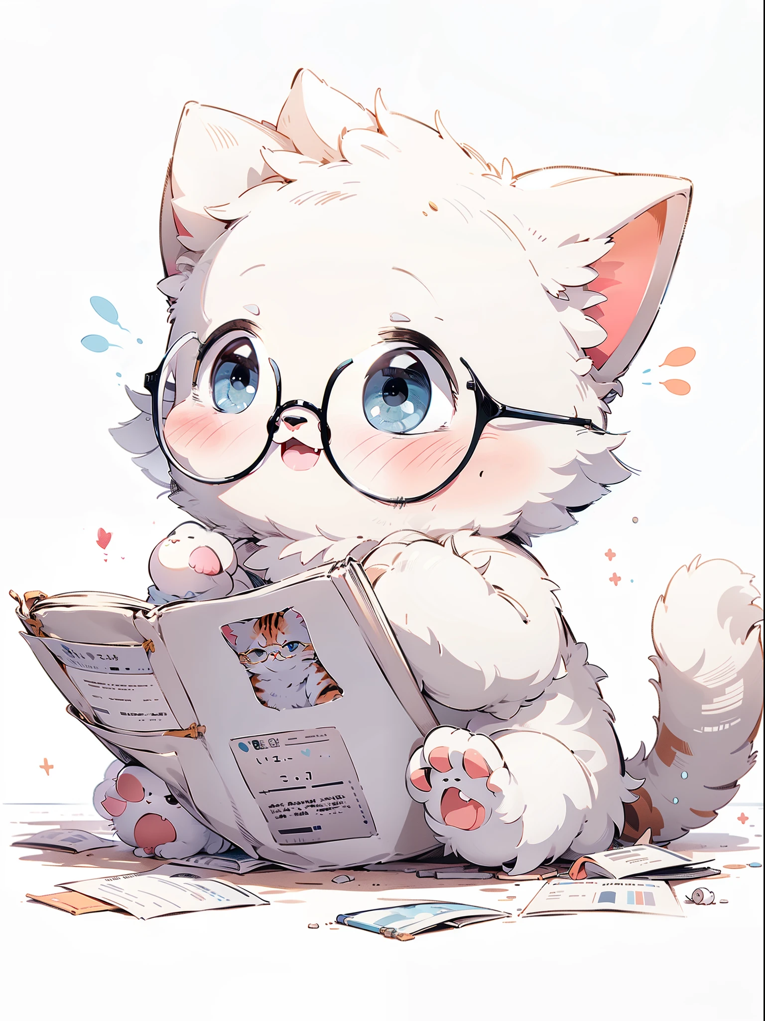 (Masterpiece:1.2, high quality),Light blue eyes:2,Cat,Black-rimmed glasses,book:2,Animal focus,paw,Light blue hair:2